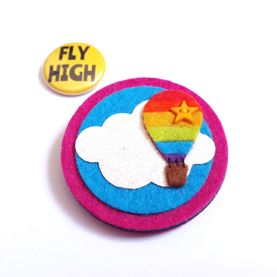 Rainbow Hot Air Balloon Felt Brooch