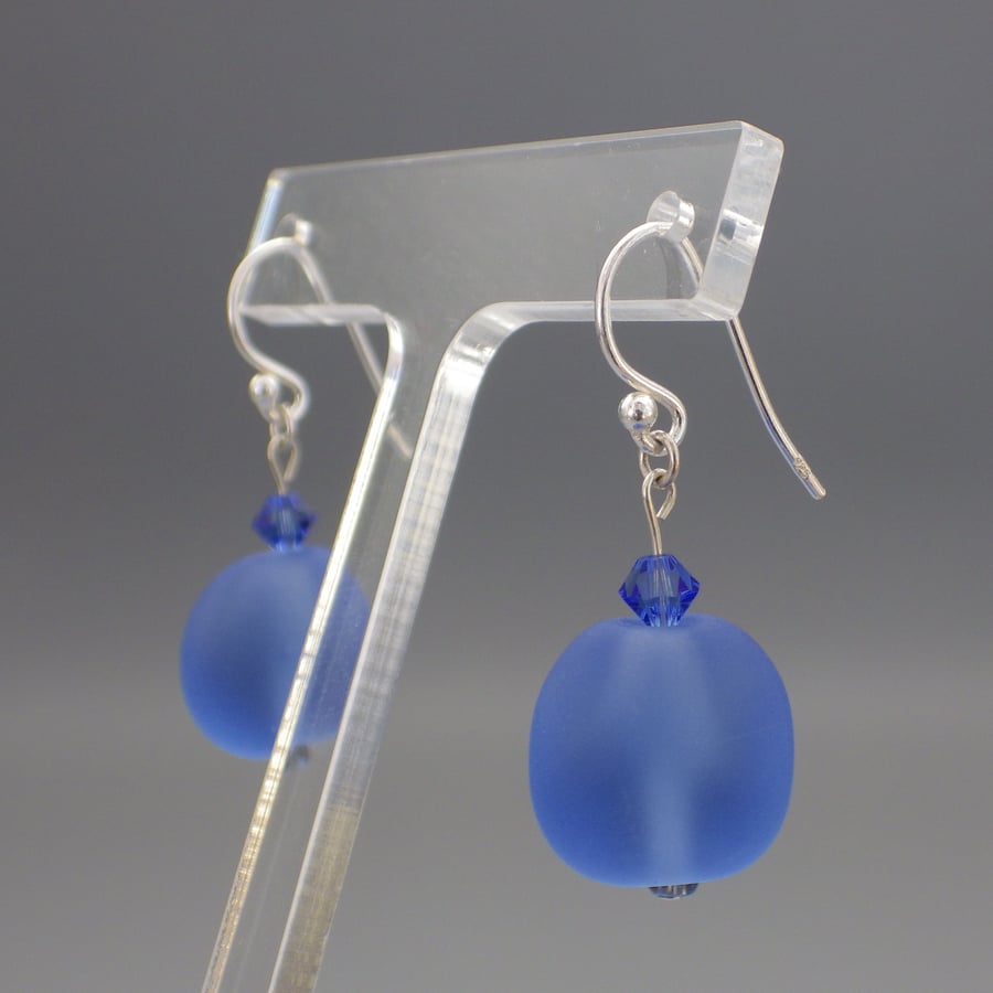 Frosted sapphire blue coloured UK lampwork glass bead earrings