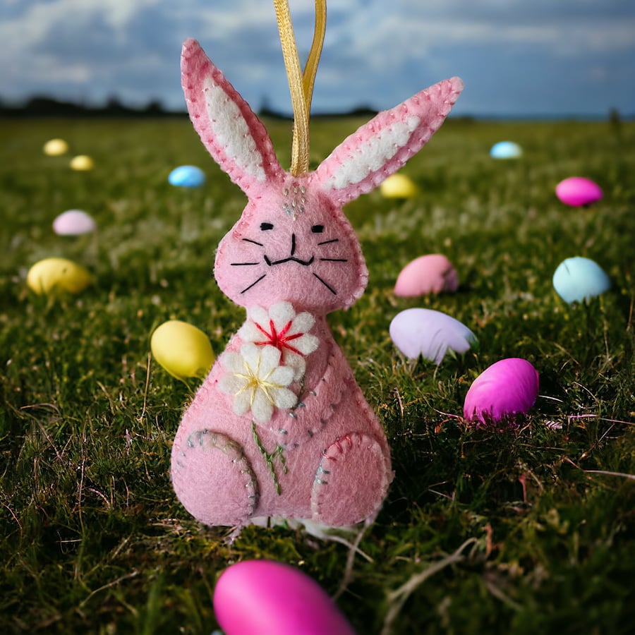 Felt Bunny Ornament with Appliqué Flowers 