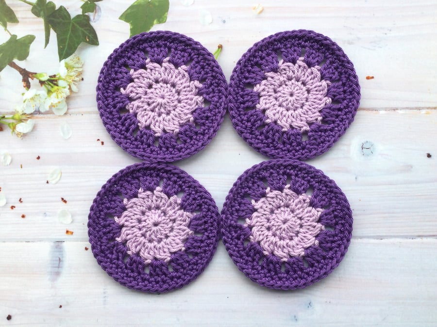 Crochet Cotton Coasters a set of Four in Purple and Lilac