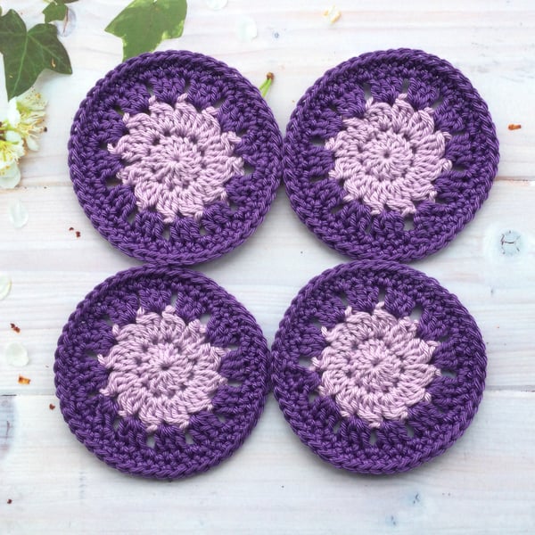 Crochet Cotton Coasters a set of Four in Purple and Lilac