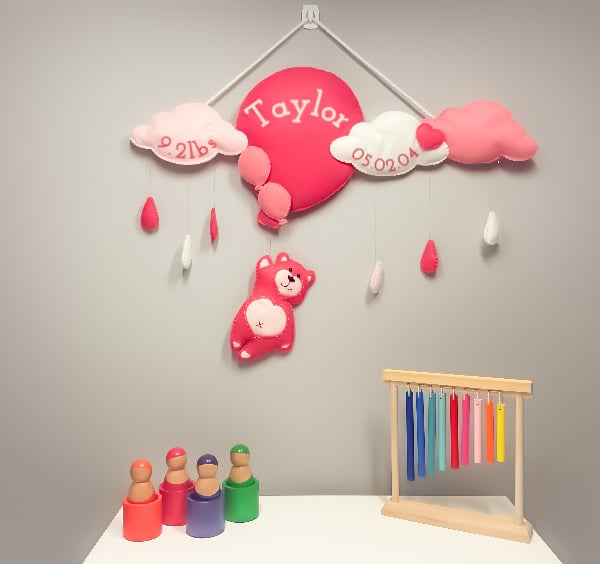 Pink Balloon - Peronalised felt nursery wall and door sign
