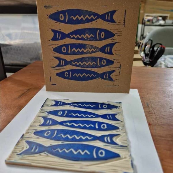 Five blue fish. Lino printed card. 5 x 5 inches with envelope.