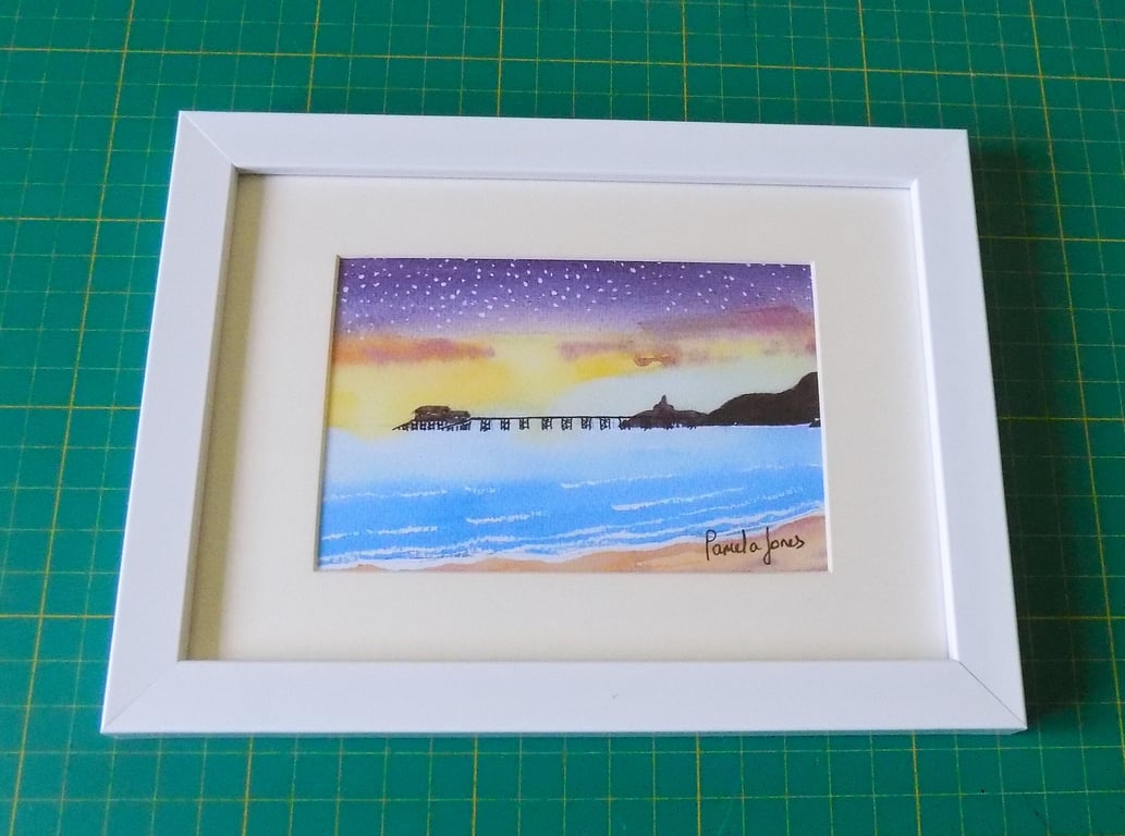 Starry Sky,  Mumbles, South Wales, Watercolouor Print in 7 x 5'' Frame