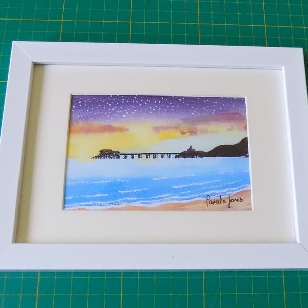 Starry Sky,  Mumbles, South Wales, Watercolouor Print in 7 x 5'' Frame
