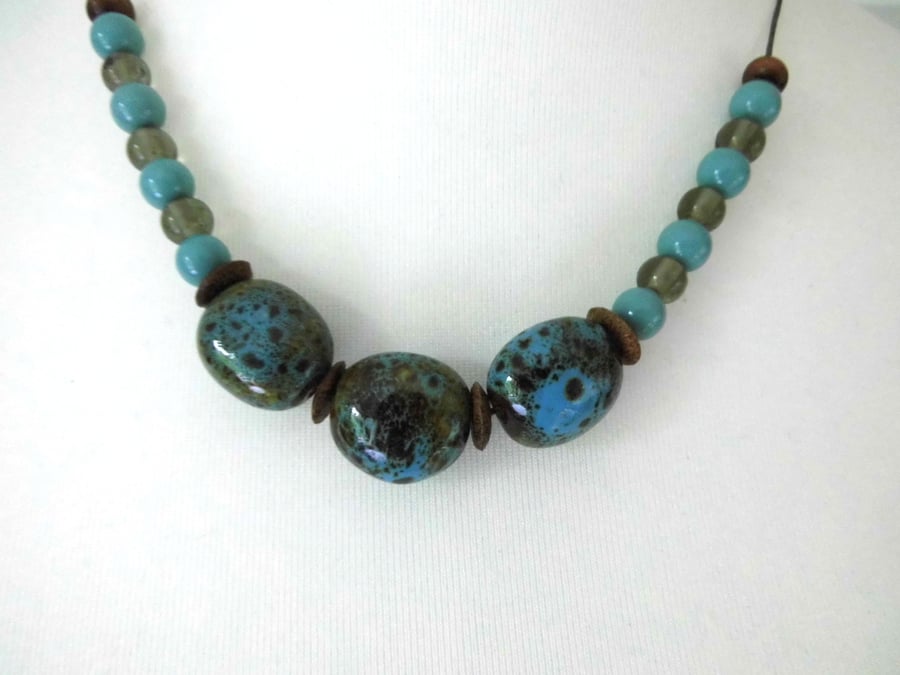Ceramic pebble bead necklace turquoise blue and brown