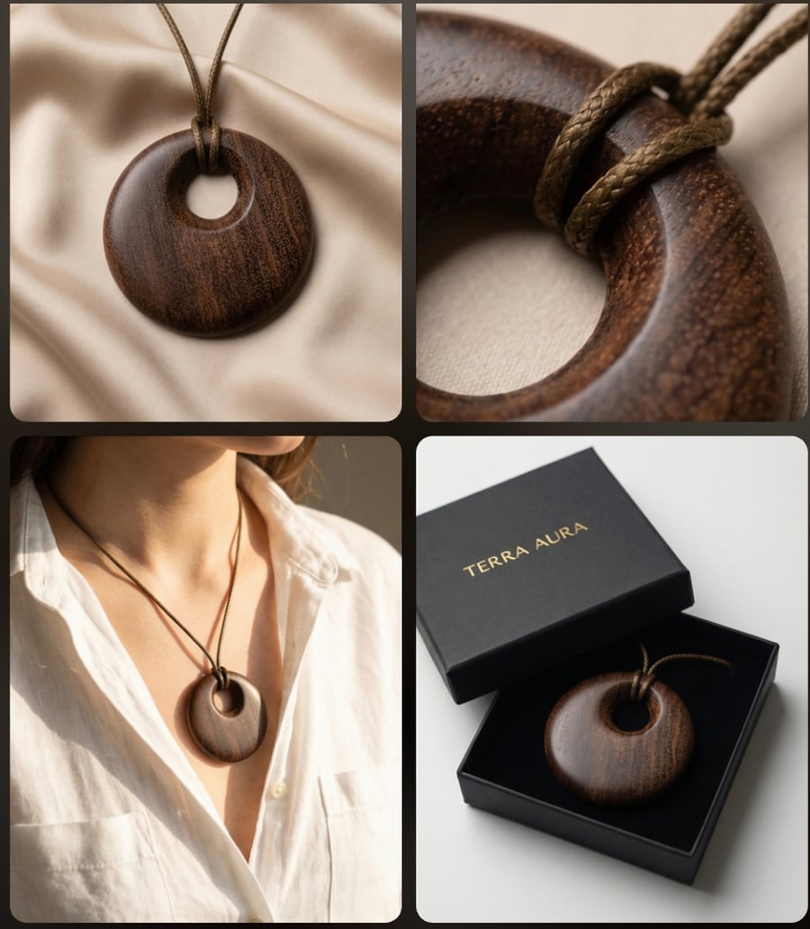 Unique bubinga wood circular pendant necklace 