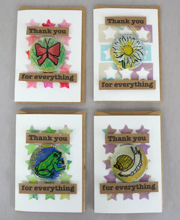 4 x Badges, Nature Badges, Badge Cards, Thank You Cards, Keepsake Cards