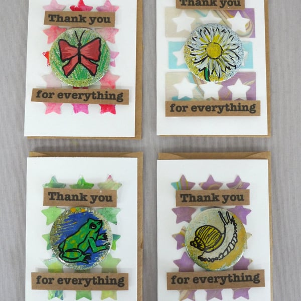4 x Badges, Nature Badges, Badge Cards, Thank You Cards, Keepsake Cards