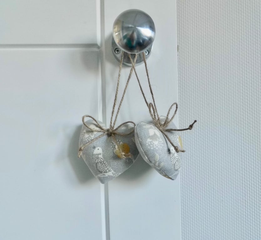 Pair heart decorations small size grey and yellow fabric 