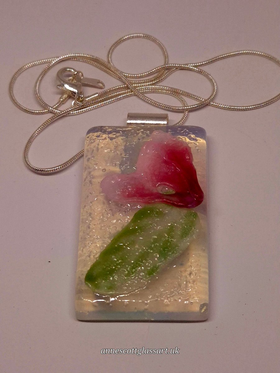 Handmade Fused Glass Botanical Pendant Necklace Cyclamen (C)
