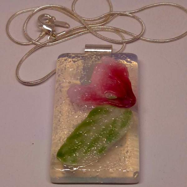 Handmade Fused Glass Botanical Pendant Necklace Cyclamen (C)