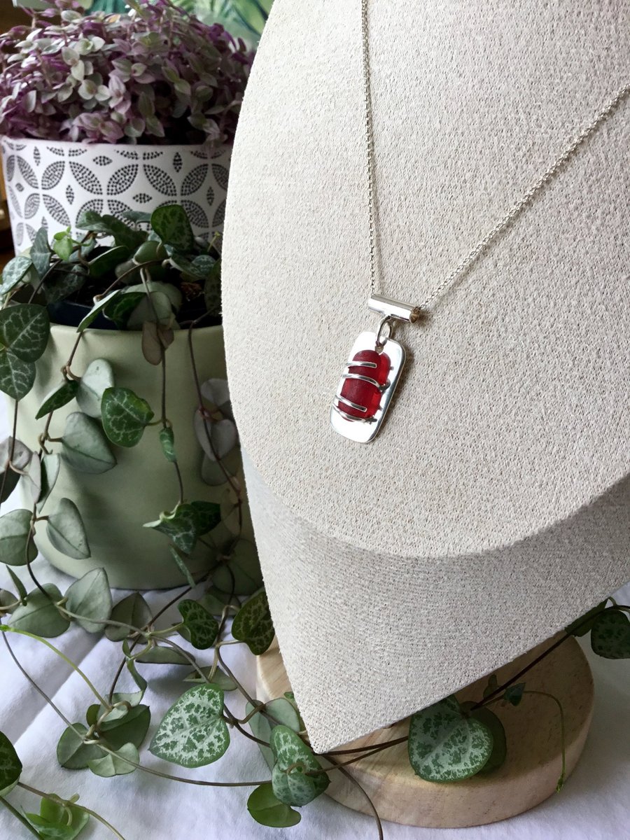 Handmade Sterling Silver Seaham Red Sea Glass Pendant Necklace, 20 Inch Chain