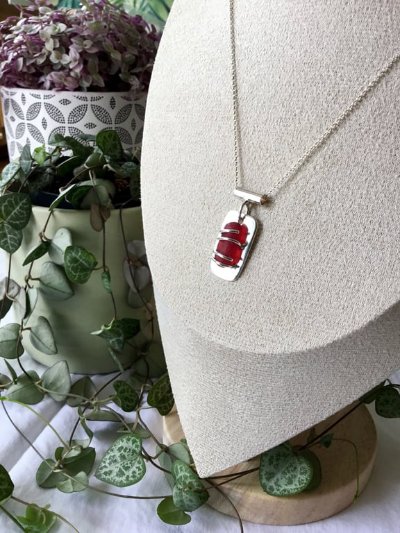 Handmade Sterling Silver Seaham Red Sea Glass Pendant Necklace, 20 Inch Chain
