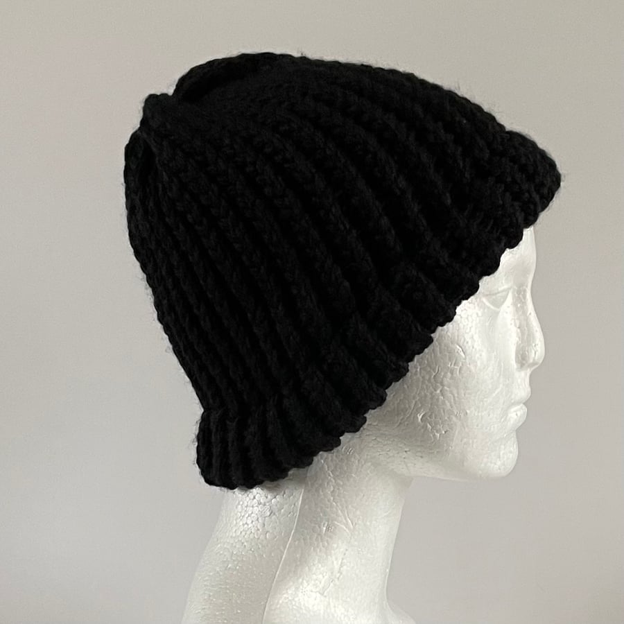 Black Unisex Chunky Beanie with Fixed Brim, perfectly imperfect