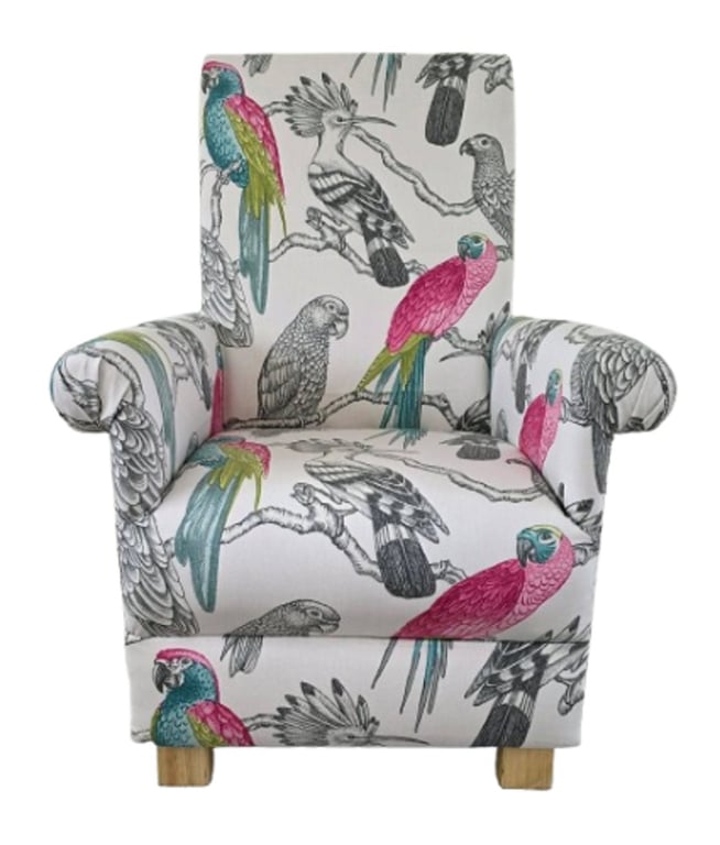 Aviary Garden Fabric Adult Chair Armchair Pink White Parrot Accent Small