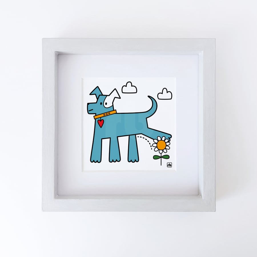 Watering The Flowers, dog peeing on a flower illustration, Giclee print