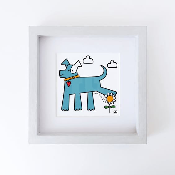 Watering The Flowers, dog peeing on a flower illustration, Giclee print