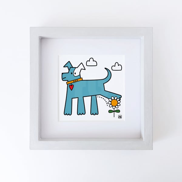Watering The Flowers, dog peeing on a flower illustration, Giclee print