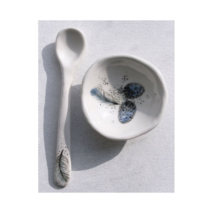 Rustic semi - porcelain spoon with painted feather decoration - Easter gift