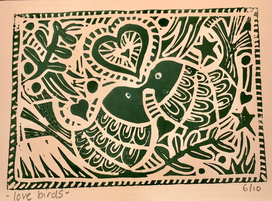 Love birds - original Lino print card.