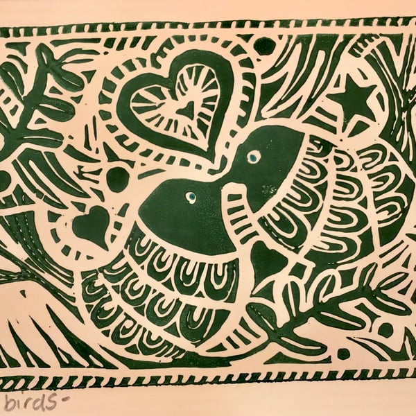 Love birds - original Lino print card.
