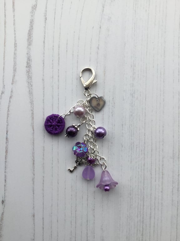 Purple Bag Charm with Dorset Button and Beaded Angel