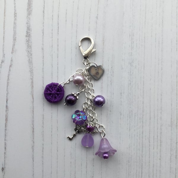 Purple Bag Charm with Dorset Button and Beaded Angel