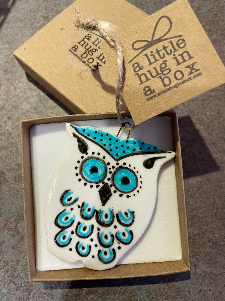 A little hug in a box Turquoise Owl porcelain gift 