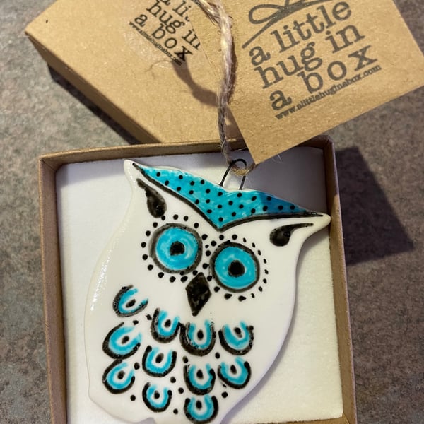 A little hug in a box Turquoise Owl porcelain gift 