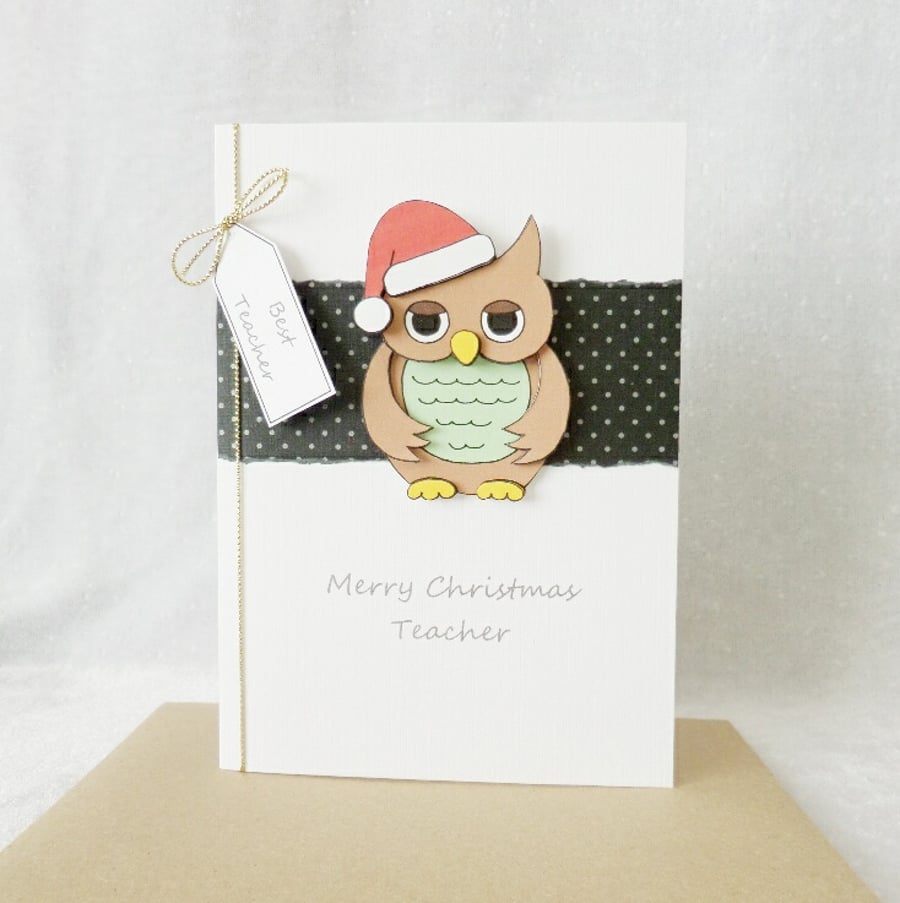 Christmas Teacher Card Owl with Santa hat