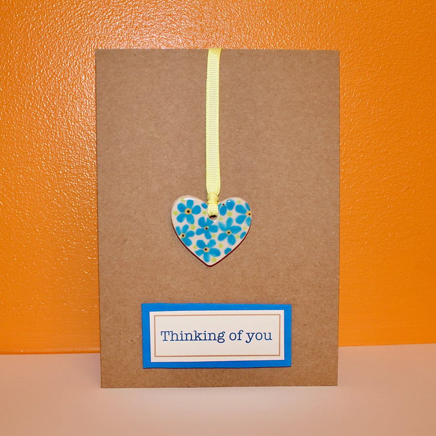 THINKING OF YOU CARD WITH HANGING CERAMIC FLORAL HEART KEEPSAKE