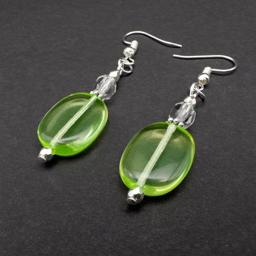 Green Glass Oval Bead Earrings