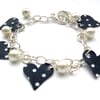 Hardened Fabric Navy Polka Print Charm Bracelet With Faux Pearls