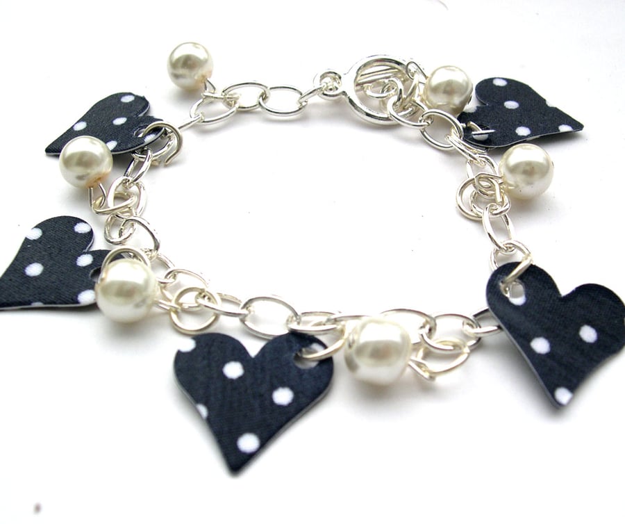 Hardened Fabric Navy heart Polka Print Charm Bracelet With Faux Pearls gift