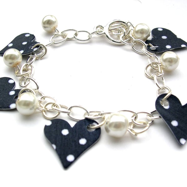 Hardened Fabric Navy heart Polka Print Charm Bracelet With Faux Pearls gift