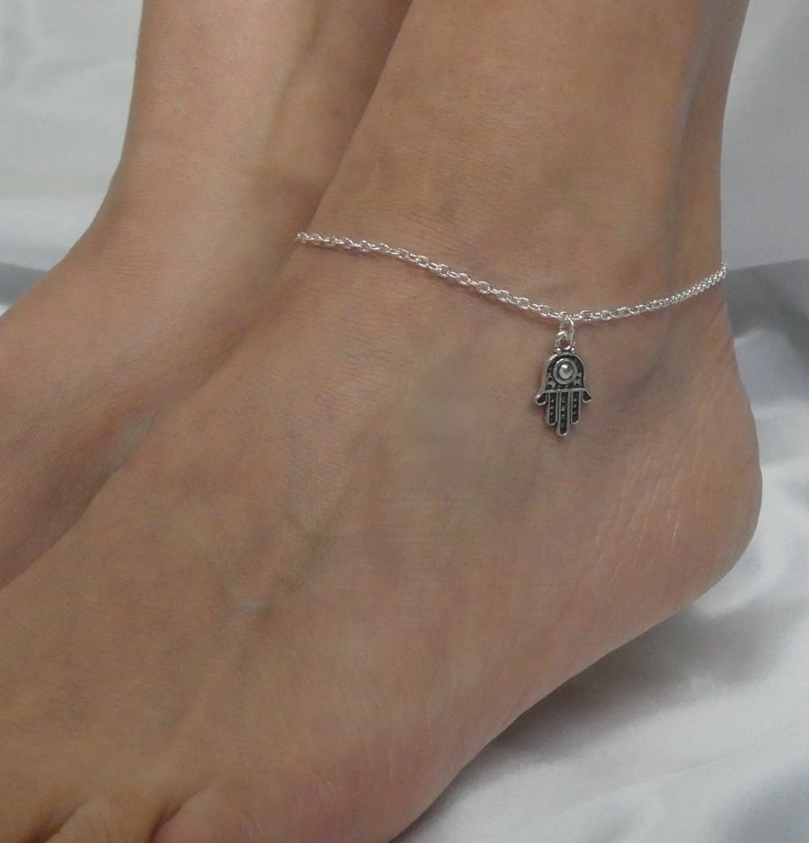 Silver hamsa hand ankle bracelet