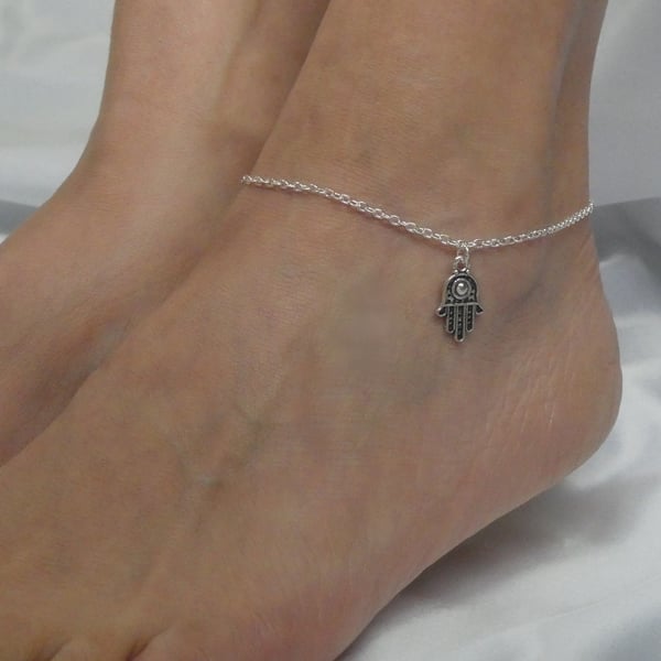 Silver hamsa hand ankle bracelet