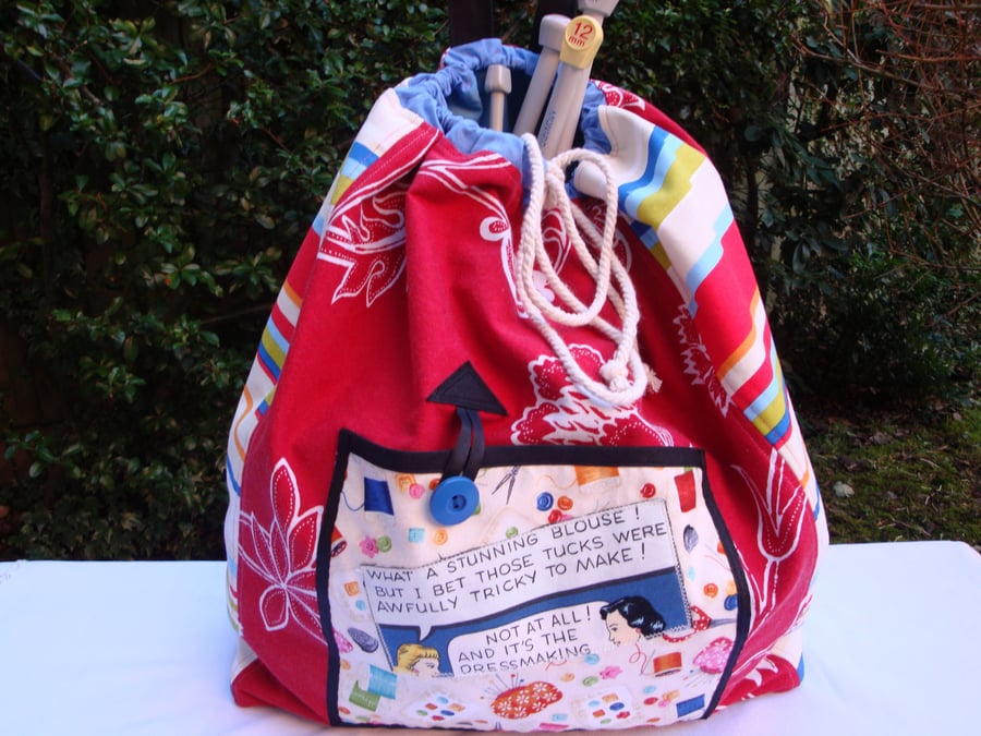 Handmade large cotton  Drawstring  Craft storage bag - 3 slip pockets - strap.