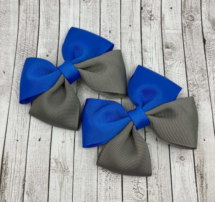 Royal Blue and Grey Two Tone Double with Bows on Clips (pair)