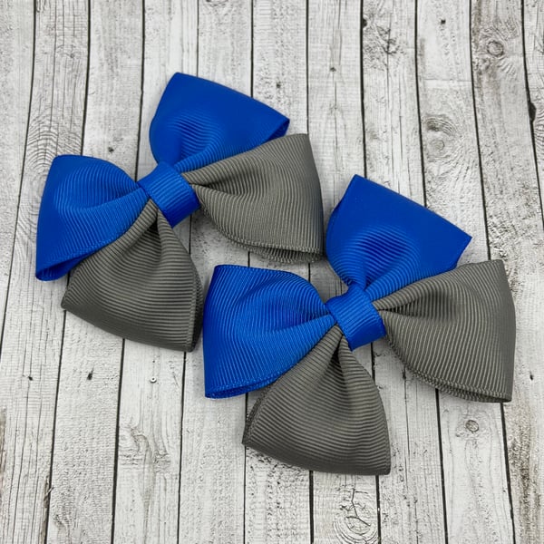 Royal Blue and Grey Two Tone Double with Bows on Clips (pair)