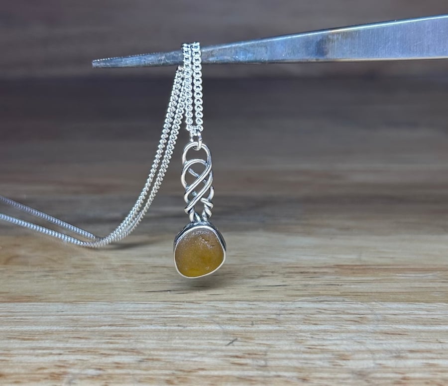 Handmade Sterling Silver & Amber Sea Glass Love Spoon Inspired Pendant