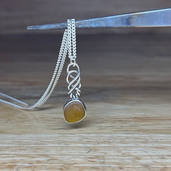 Handmade Sterling Silver & Amber Sea Glass Love Spoon Inspired Pendant