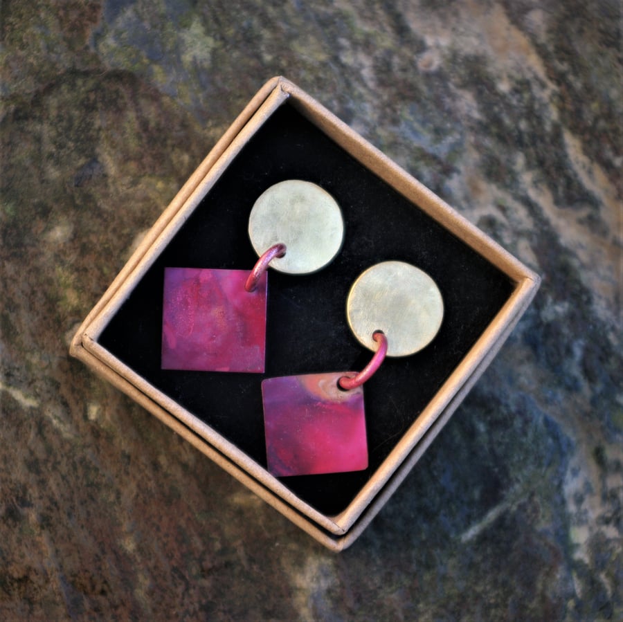 Brass Circles with Red Copper Diamond Shapes  Stud  Earrings