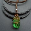 Green Quartz Drop Pendant With Faux Suede Cord Wire Wrapped 