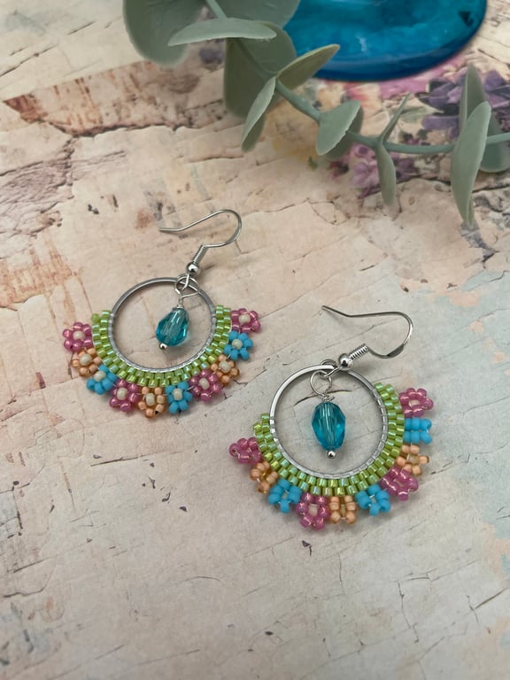 Pretty glass beaded flower hoop dangle earrings, gift for her, girlfriend gift 