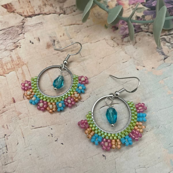 Pretty glass beaded flower hoop dangle earrings, gift for her, girlfriend gift 
