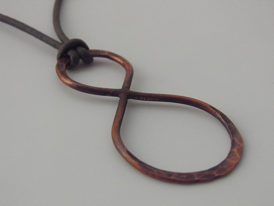 Copper Infinity Necklace on Leather, Handcrafted Pendant