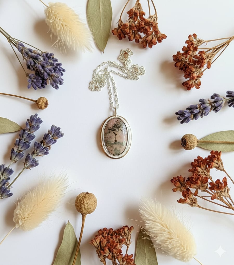 Beautiful Pink Rhodonite & Sterling Silver Pendant 