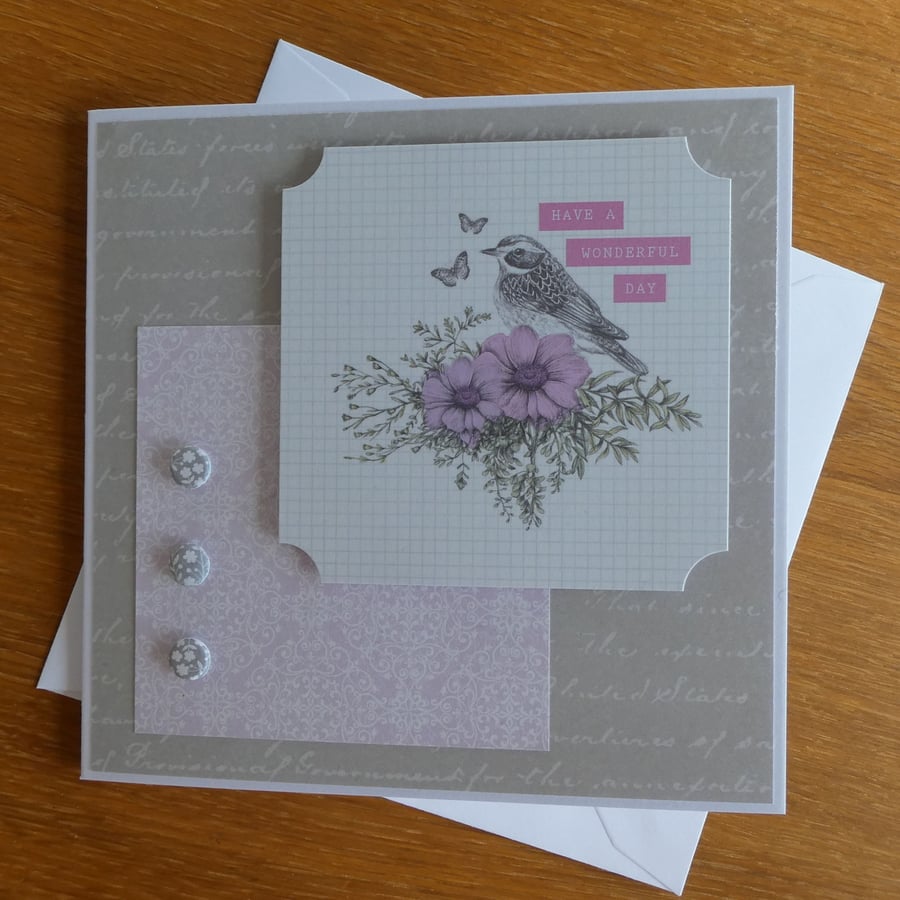 Birthday Card - Bird and Flowers - Have A Wonderful Day